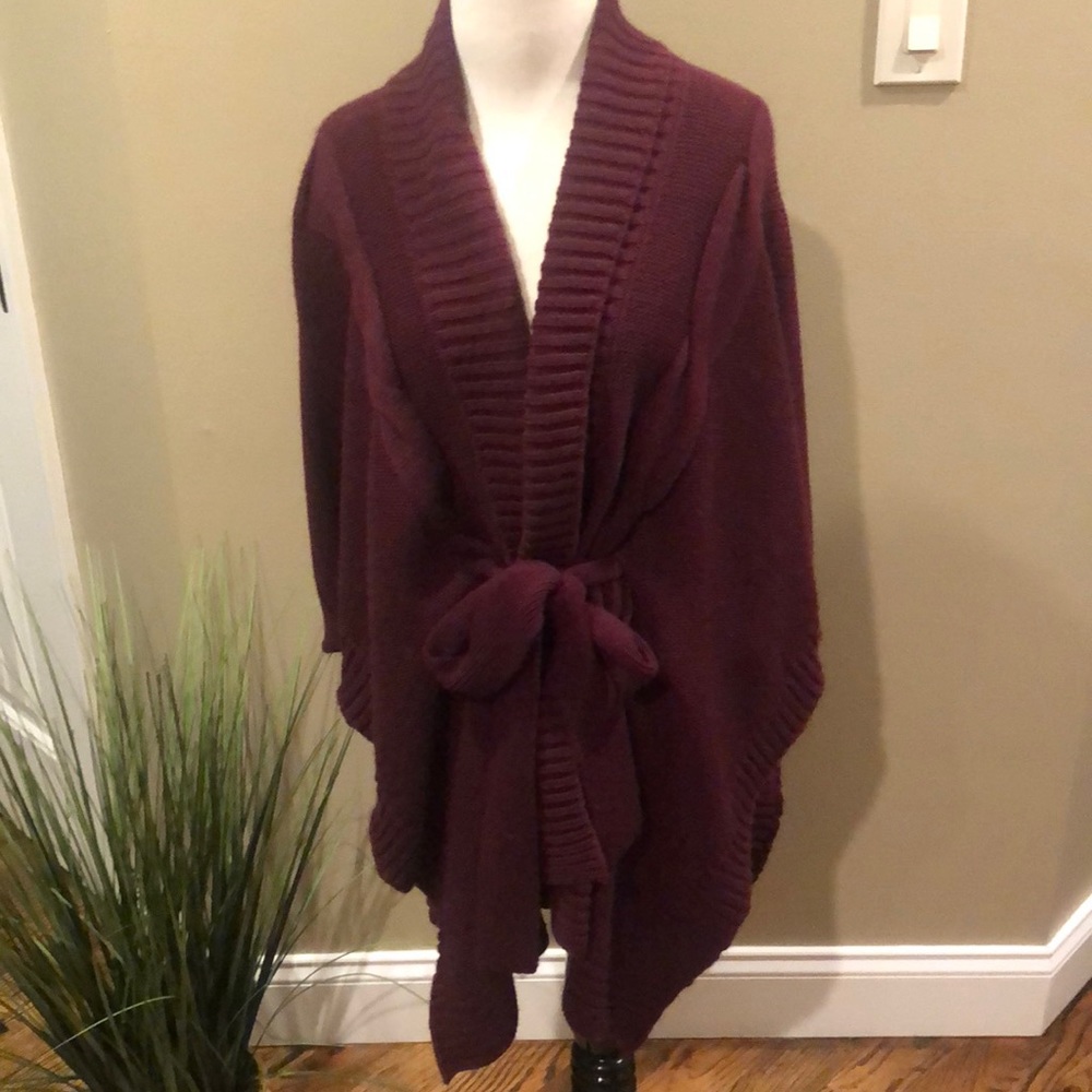 Merlot/eggplant colored poncho sweater with tie